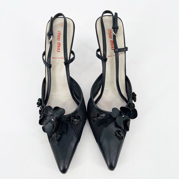 Miu Miu Vintage Retro Black Flower Bow Mesh Pointed Toe Slingback Heel IT 38 - Picture 1 of 13